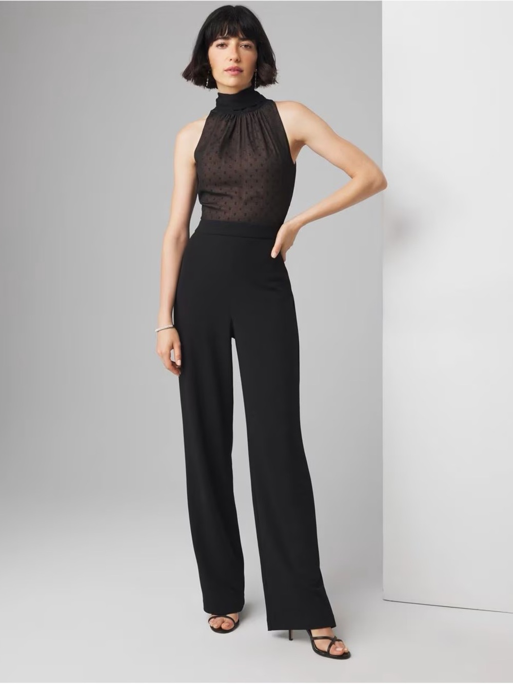 High-Waist Black Wide-Leg Jumpsuit with Sleeveless Sheer Look Bodice
